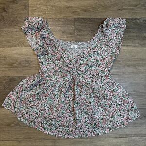 Japna Cottagecore Floral Smocked Peplum Blouse Ruffle Cap Sleeve Top [M]